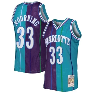 Accattivante Fantastico Alonzo Mourning Charlotte Hornets Hardwood Classics 1992/93 Split Swingman Jersey Teal/Purple