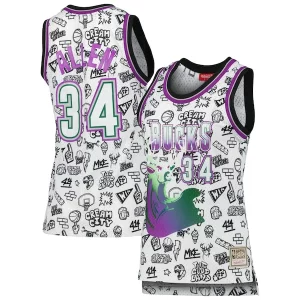 Robusto Prestigioso Stupendo Ray Allen Milwaukee Bucks Women's 1996 Doodle Swingman Jersey White